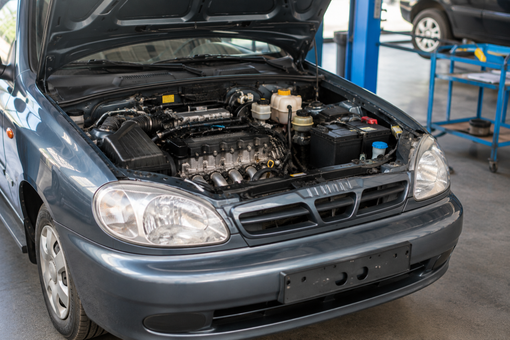 Ресурс двигуна Lanos 1.5 і 1.6 – автомобіль Daewoo Lanos з відкритим капотом під час технічного огляду