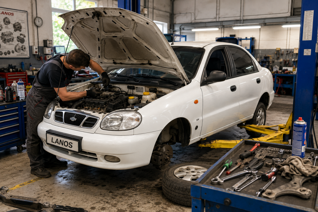 Механік у чорних рукавицях працює під капотом білого Chevrolet Lanos на підйомнику в автомайстерні