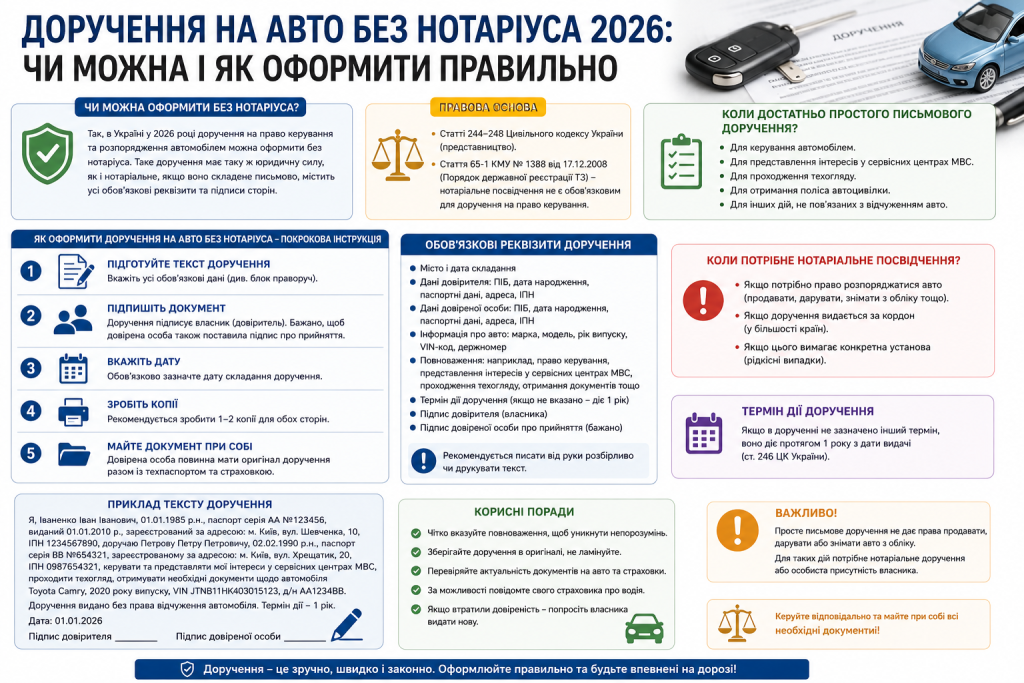 Інфографіка про оформлення доручення на автомобіль без нотаріуса, правила, реквізити та законодавчі вимоги.