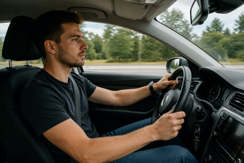 Молодий чоловік керує легковим автомобілем під час поїздки.