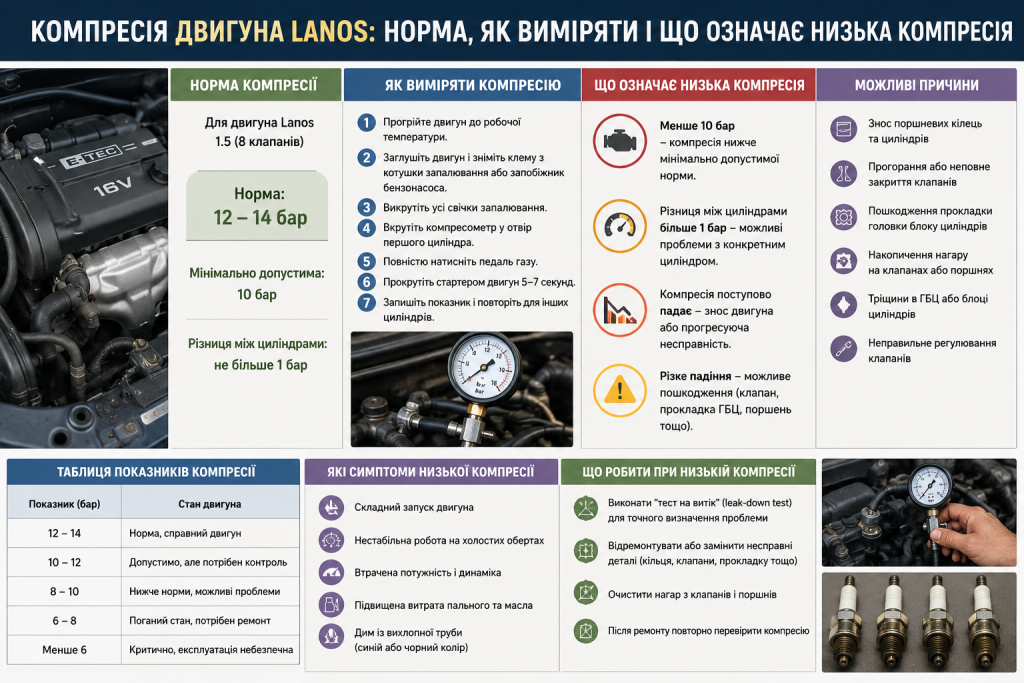 Інфографіка з нормами компресії двигуна Lanos та інструкцією вимірювання