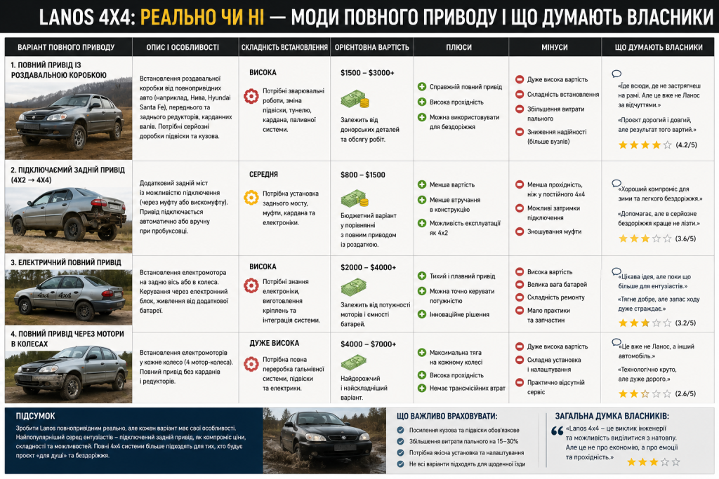 Інфографіка з варіантами переробки Lanos на повний привід та відгуками власників