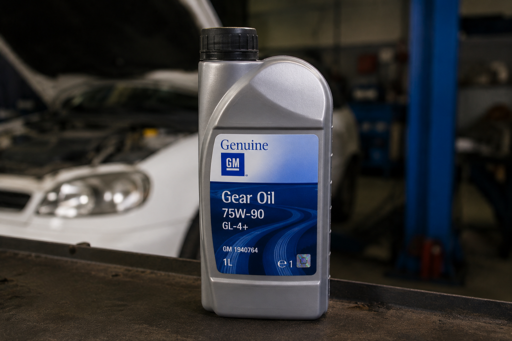 Каністра оригінального трансмісійного масла GM Genuine Gear Oil 75W-90 GL-4+ на тлі розмитого автомобіля в майстерні