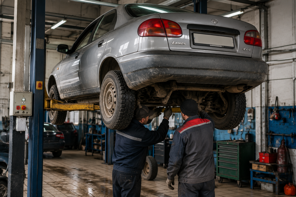 Lanos 4×4: реально чи ні — повний привід, заводський проект і моди власників Два механіки оглядають підвіску автомобіля Lanos 4x4 на підйомнику