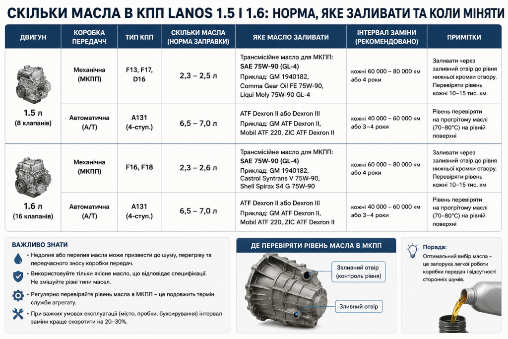 Таблиця з нормами масла в коробці передач Chevrolet Lanos для двигунів 1.5 і 1.6 — тип КПП, кількість, марка масла та інтервал заміни