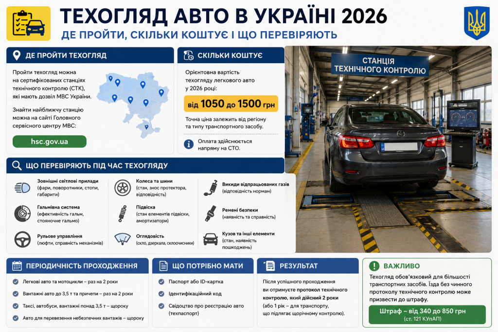 Інфографіка про проходження техогляду автомобіля в Україні у 2026 році
