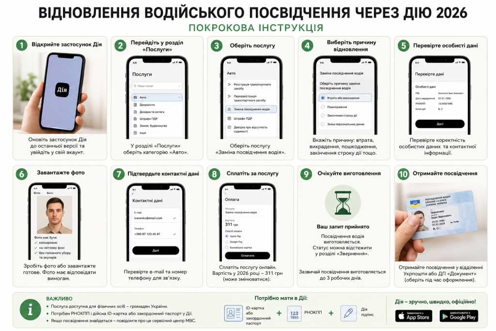 Покрокова інструкція відновлення водійського посвідчення через застосунок Дія