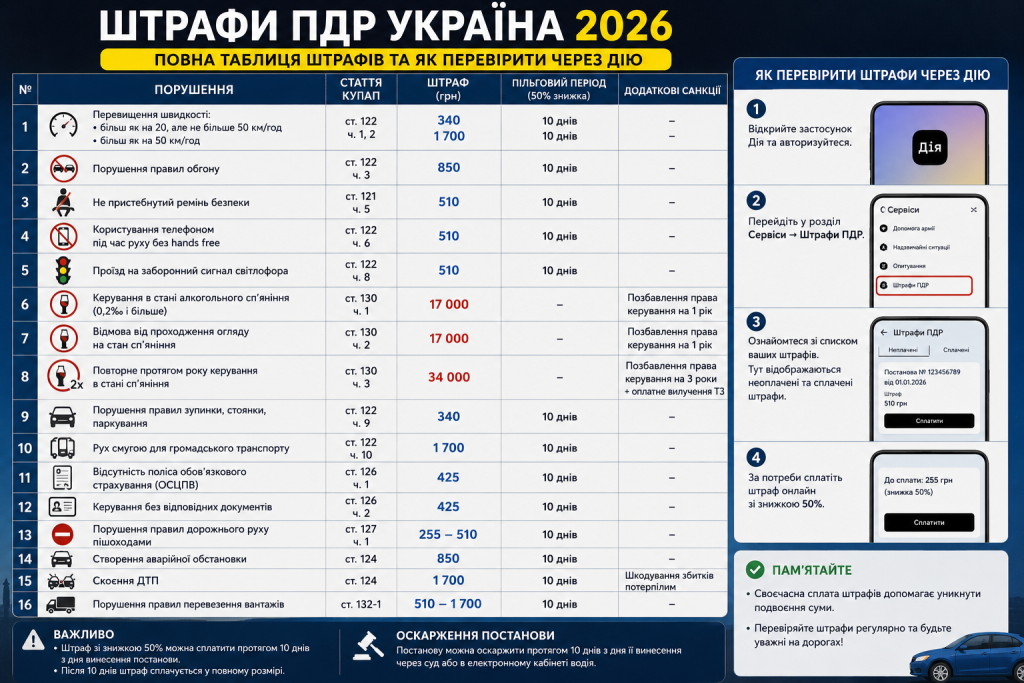 Інфографіка зі штрафами ПДР України 2026 року, розмірами штрафів та інструкцією перевірки через Дію.