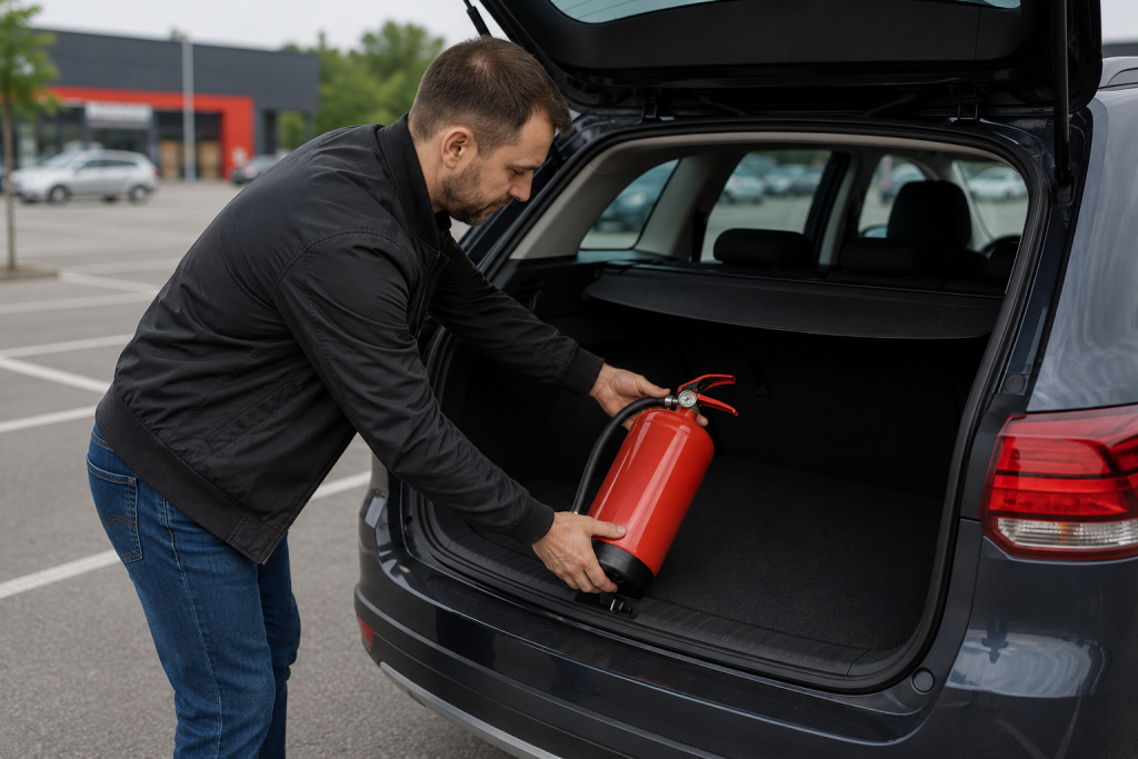 Що потрібно мати в авто за законом 2026: повний список документів і речей Водій кладе червоний автомобільний вогнегасник у багажник машини перед поїздкою.