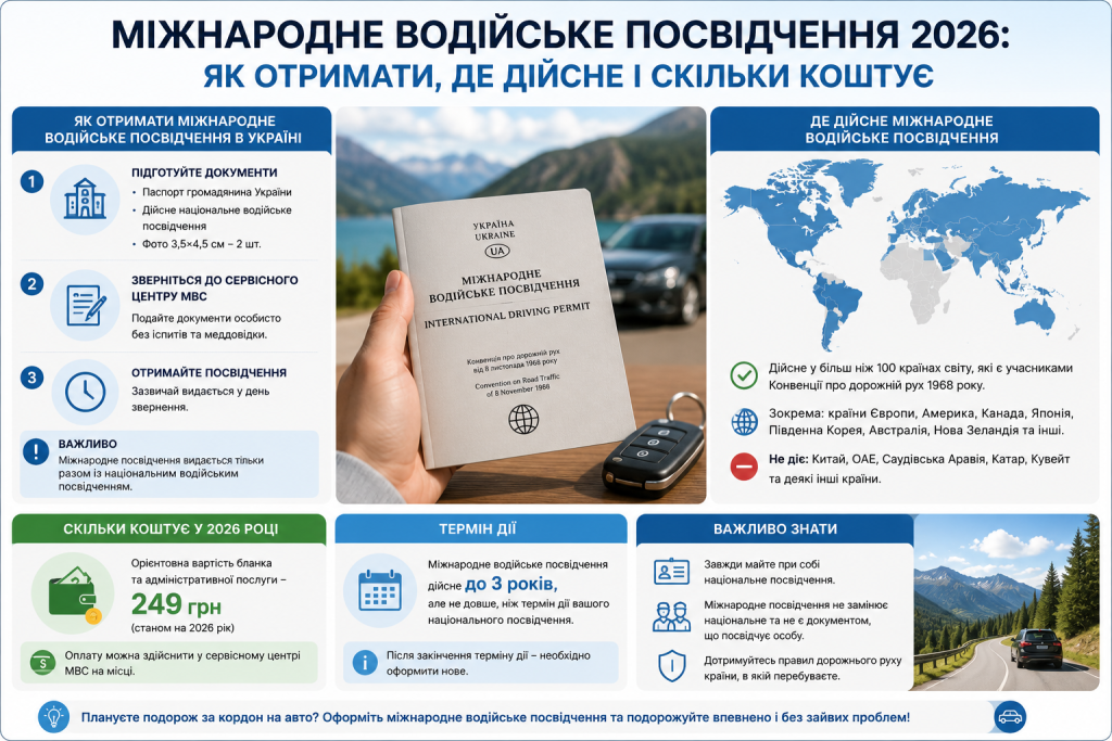 Інфографіка про отримання міжнародного водійського посвідчення у 2026 році, його вартість, термін дії та країни використання.
