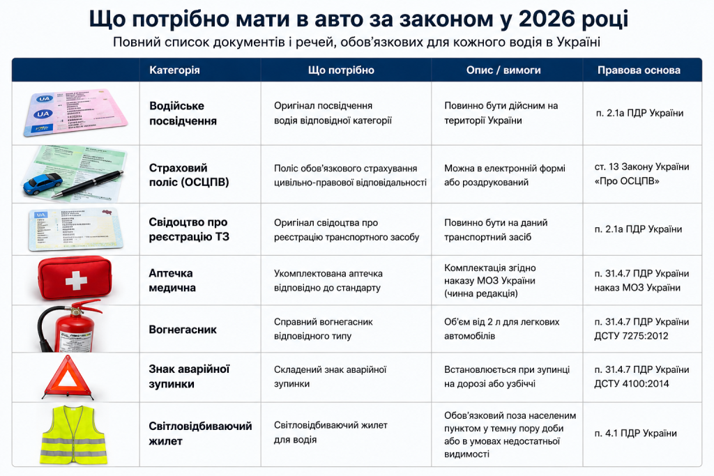 Таблиця обов’язкових документів і речей для автомобіля в Україні у 2026 році: посвідчення водія, страховка, аптечка, вогнегасник, знак і жилет.